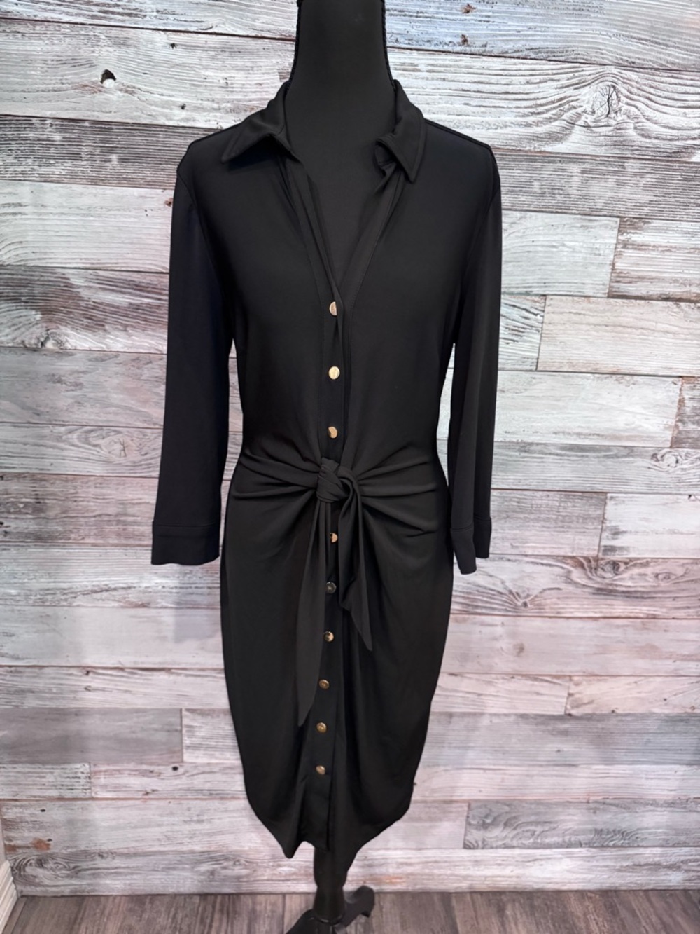 Philosophy Black Tie-Front Snap Down Midi Shirt Dress
